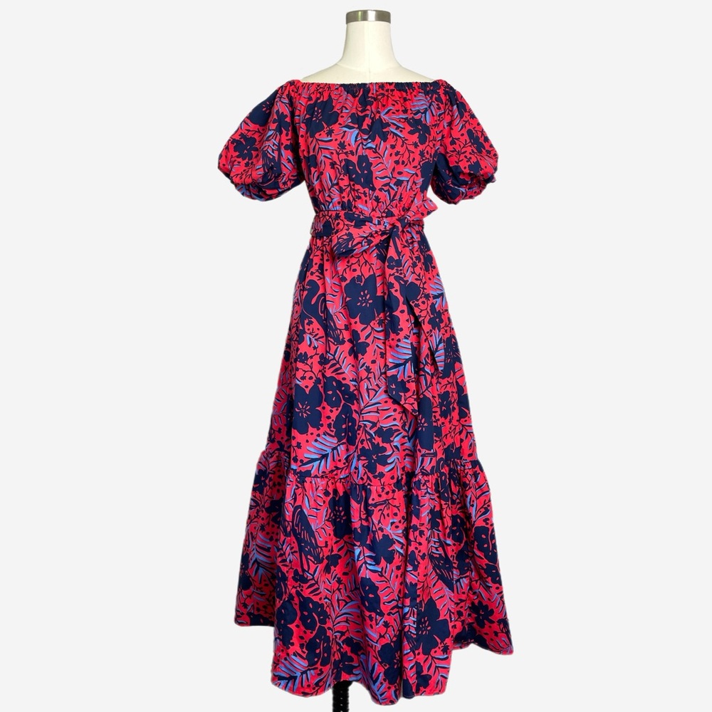 Lilly Pulitzer Pink Blue floral Tamie Off the Shoulder Dress preppy tropical XS